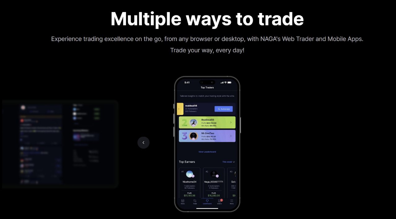 Promotional image from NAGA, showing the Multiple ways to trade headline with a mobile interface displaying top traders and social trading features
