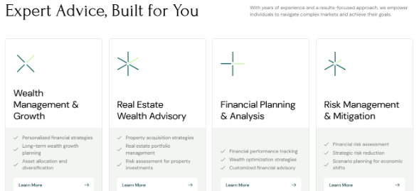 Screenshot showing how Orb Strategies structures its services into four simple categories, helping users navigate financial planning, real estate, wealth growth, and risk reduction without confusion.