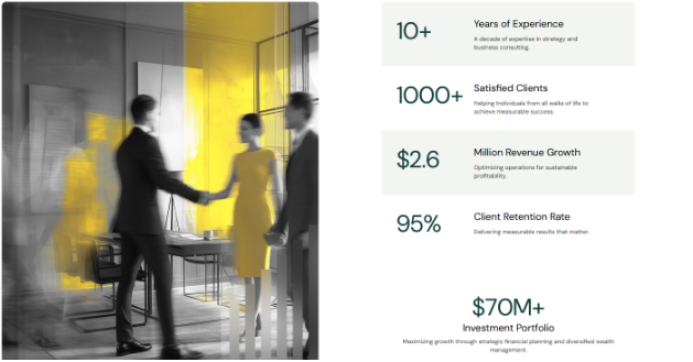 Orb Strategies company overview with key metrics: over 10 years of experience, 1000+ satisfied clients, $2.6M in revenue growth, 95% client retention rate, and $70M+ investment portfolio.